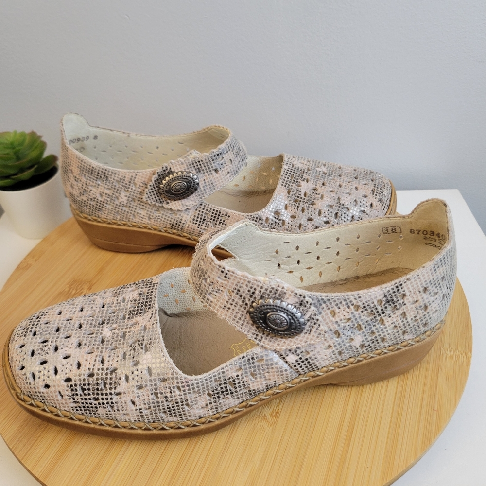 RIEKER Doris anitstress metallic leather perforated square toe Mary Jane shoes